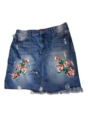Say What ? Distressed Denim Jeans Skirt 
Embroidered Flowers Raw Hem Y2K